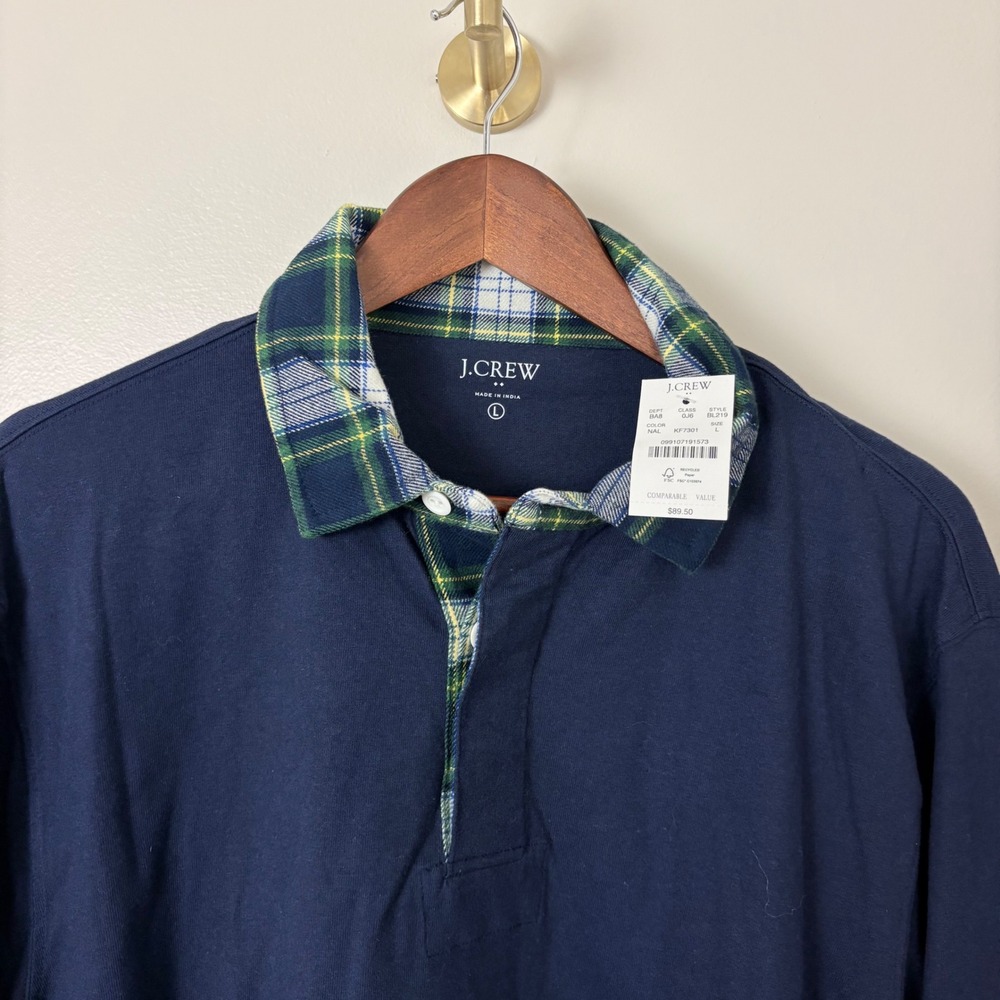 NWT $89 J.Crew Rugby Shirt Mens L Navy Blue Plaid Flannel Collar Academia Preppy
